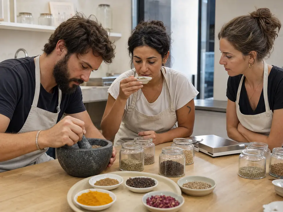 Spice blending atelier with ras el hanout ingredients in Marrakech