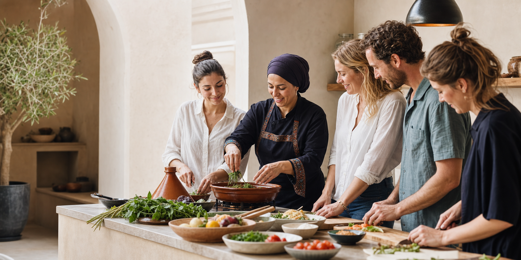 Guests cooking a Moroccan tagine with a local chef in a bright Marrakech teaching kitchen
